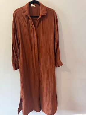 Low & Gray Long Sleeve Cotton Button-Front Maxi Shirt Dress in Rust S